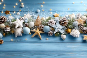 Wall Mural - Blue and gold Christmas garland on blue wooden background, festive holiday decoration for winter celebrations.