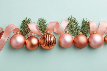 Wall Mural - Decorative ornaments arranged on a green backdrop with a vibrant pink ribbon, festive and colorful.