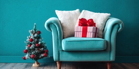 Wall Mural - Small decorated Christmas tree beside a modern blue chair on a white background.