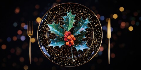 Wall Mural - White plate featuring a green holly leaf with red berries on a white background, festive decoration.