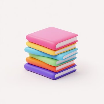 A digitally rendered stack of five brightly colored, cartoonish books on a white background