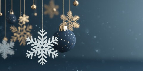 Wall Mural - White paper snowflakes hanging from ceiling in indoor room, winter decoration with soft lighting.