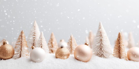 Wall Mural - Colorful Christmas ornaments scattered on snow with evergreen trees blurred in the winter daylight background.