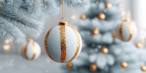 Wall Mural - White and gold Christmas ornament hanging on green pine tree branch with blurred lights background.