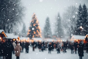 Wall Mural - Snowy Christmas market with decorated tree, festive lights, wooden stalls, and evening winter ambiance.