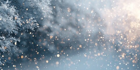Wall Mural - Snow-covered trees with falling snowflakes under a clear blue winter sky during daytime.