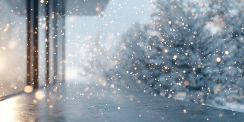 Wall Mural - snowflakes gently falling on a white window sill during a cold winter day with soft natural light.