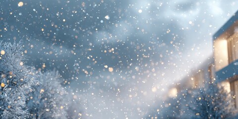 Wall Mural - snow-covered building and trees with gentle snowfall in a serene winter daytime landscape.