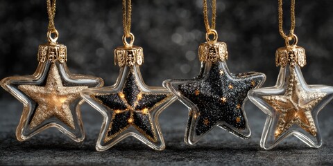 Wall Mural - Three transparent glass star ornaments hanging from a gold chain against a black background.