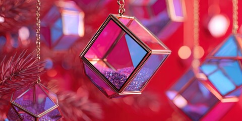 Wall Mural - Glass ornaments in various shapes hanging from tree branches outdoors during daylight.