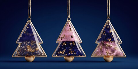 Wall Mural - Three Christmas trees decorated with gold and purple ornaments hanging from a metallic chain on white background.