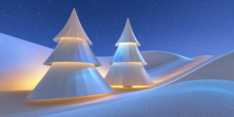 Wall Mural - Three white trees covered in snow stand against a bright winter landscape with clear sky.