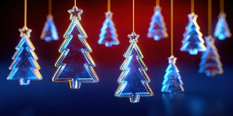 Wall Mural - Close-up of green Christmas tree ornaments hanging from strings on a white background, festive decoration.