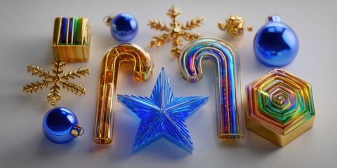 Wall Mural - Artificial Christmas decorations with a gold star on a white surface, minimal holiday arrangement, bright lighting.
