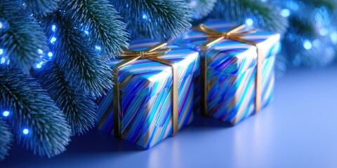 Wall Mural - Three wrapped gifts on a wooden table beside a decorated Christmas tree with warm indoor lighting.