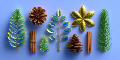 Wall Mural - Assorted Christmas decorations arranged on a textured blue surface with festive red and green accents.