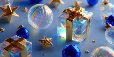 Wall Mural - Close-up of a gift box wrapped with a ribbon bow and a decorative star on a white background.