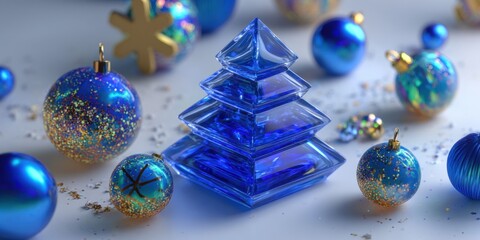 Wall Mural - Blue Christmas ornaments and a blue glass tree arranged on a white surface with soft lighting.