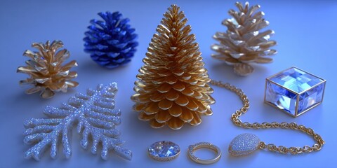 Wall Mural - Various colorful Christmas decorations arranged on a wooden table with a blurred festive background.