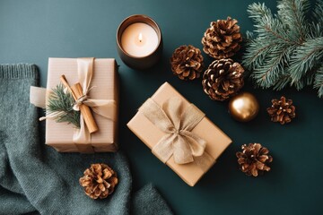 Wall Mural - Close-up of a wrapped gift box with a golden bow and a lit candle on a white background.