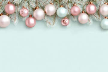 Wall Mural - Colorful ornaments arranged on a green surface with a contrasting blue background, vibrant holiday decor.