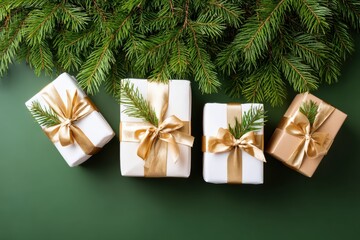 Wall Mural - Three wrapped gifts with gold ribbons and pine branches on a white background, festive holiday decor.