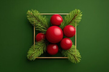Wall Mural - christmas balls and pine branches arranged in a golden frame on a green textured background.