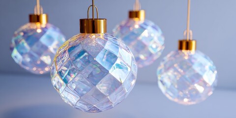 Wall Mural - Five clear glass ornaments hanging on a string against a plain wall, minimalistic decorative display.
