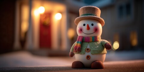 Sticker - Small snowman sitting on snowy ground outdoors, winter daylight with soft natural lighting.