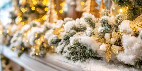 Wall Mural - festive christmas decorations on a mantle with glowing string lights in a cozy indoor setting.