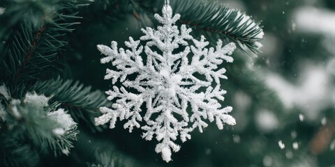 Wall Mural - Close-up of a delicate snowflake ornament hanging from a snow-covered tree branch in winter daylight.