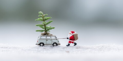 Wall Mural - Small red toy car carrying a green pine tree on a white background, studio shot, holiday concept.