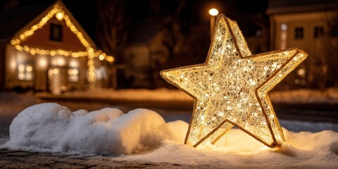 Wall Mural - Illuminated star decoration glowing on snowy ground with a cozy house softly lit in the background at dusk.