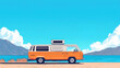 © Brera Design - A retro orange van is parked by a serene lake with mountains and blue sky in the background.