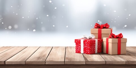 Wall Mural - Two wrapped gifts on a rustic wooden table with snowflakes falling in a winter outdoor scene.