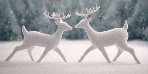 Wall Mural - two white deer walking side by side on a snowy landscape under soft daylight.