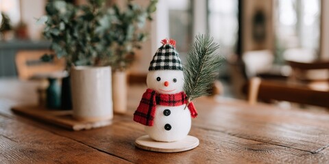 Wall Mural - white snowman figurine sitting on a wooden table with a blurred indoor background, daylight.