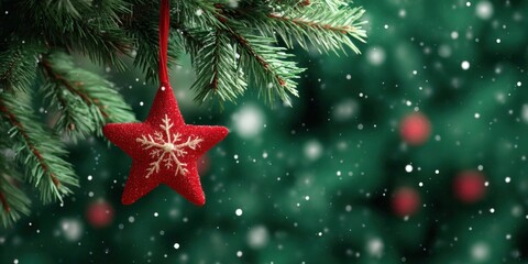Wall Mural - Red star ornament hanging from green pine tree branches against blurred natural background.