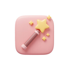 Poster - 3D illustration of a magic wand and stars on a pink rounded square, a cute design