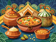 © saeideh - vector of Indian chicken biryani, photography of spicy chicken biryani in copper dishes and copper pot.