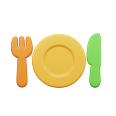 Poster - colorful 3d render of cutlery set, including fork, plate, and knife on white background