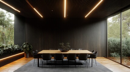 Poster - Sleek neutral-toned dining area with wood finishes, linear lights, and clean geometric lines