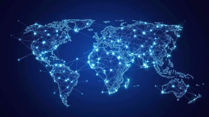 Wall Mural - A stylized world map depicted as a network of interconnected nodes and lines, glowing bright blue against a dark blue background, illustrating global connectivity