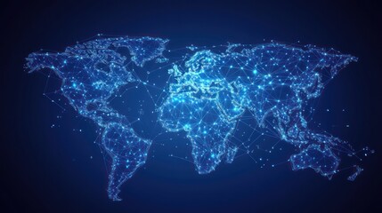 Wall Mural - An abstract world map rendered in a constellation-like style, using interconnected nodes and lines of light against a dark blue background