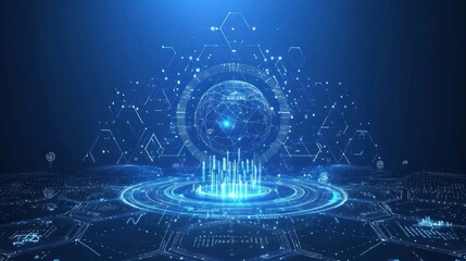 Wall Mural - A digital rendering of a glowing sphere in the center surrounded by circuits & hexagons