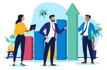 Poster - Business growth and success illustration showing professional team discussing strategy with increasing bar chart and arrow symbolising financial profit. Flat design vector illustration