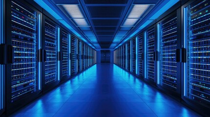 Aufkleber - Modern data center with rows of illuminated server racks under blue lighting, showing powerful network infrastructure and cloud computing environment for IT and cybersecurity use