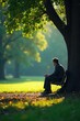 © LomaPari2021 - A solitary figure sits pensively on a park bench, lost in thought, sunlight dappling through the leaves The overall mood is one of quiet contemplation and gentle melancholy , pensive, emotion
