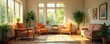 © JKLoma - A sunlit senior living facility common room, featuring comfortable armchairs, warm lighting, and potted plants, promoting a sense of calm and community , assisted living, home, happy