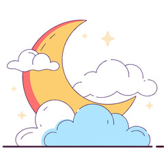 Wall Mural - A cartoon drawing of a yellow moon with a blue cloud in the background. The moon is positioned in the middle of the image, and the cloud is located to the right of it. Scene is whimsical and playful